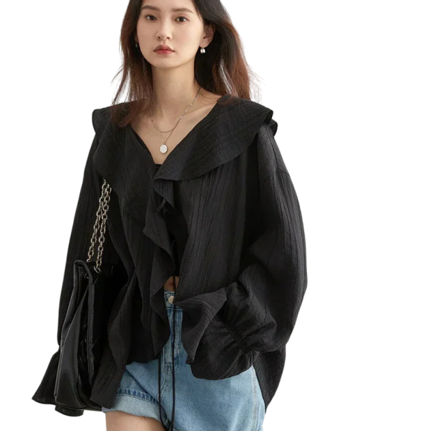 Elegant Women's Blouse with Ruffles and Collar Solid Colour Long Sleeve Top with Tie Stylish Top Made from Nylon and Lyocell black S