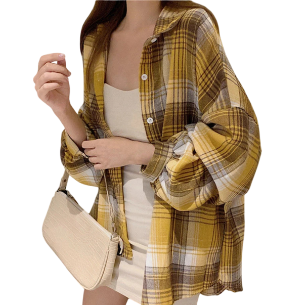 Elegant Women's Checked Shirt with Collar Loose Fit with Button Fastening Stylish Blouse Made of Lightweight Polyester for Everyday Use yellow L