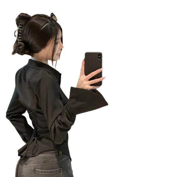 Elegant Women's Shirt with Collar Plain Blouse with Lacing on the Back Flared Sleeves Stylish Top Made of Lightweight Polyester black S