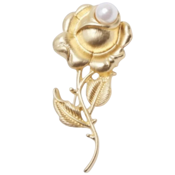 Elegante Brosche Blume mit Perlendetail Anstecknadel Metall goldene Blume mit Blättern dekorativer Kleidungsschmuck für den Revers 1