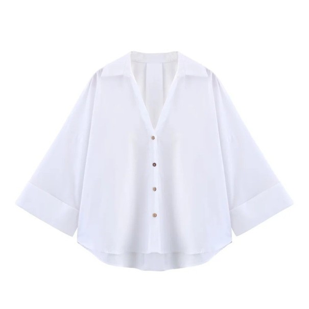 Elegante camicia da donna a maniche corte Blusa monocolore con colletto e chiusura a bottoni Top leggero e morbido in poliestere per lavoro e tempo libero bianco S