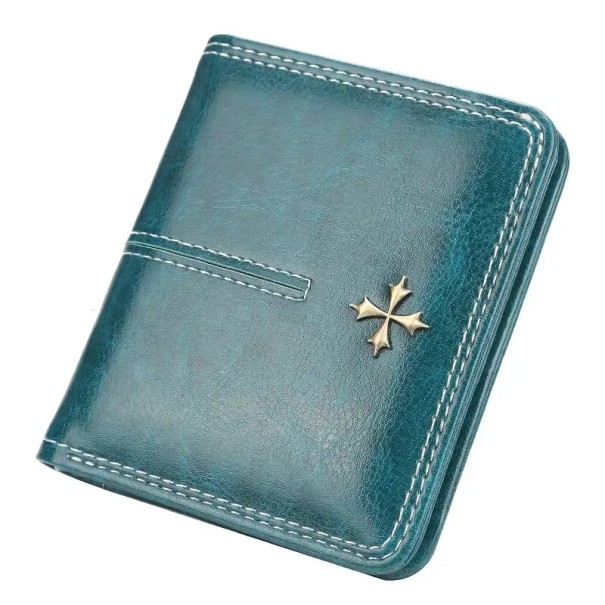 Elegante cartera de cuero con un distintivo logotipo de cruz, diseño elegante y mano de obra de calidad: duradera, fácil de mantener azul