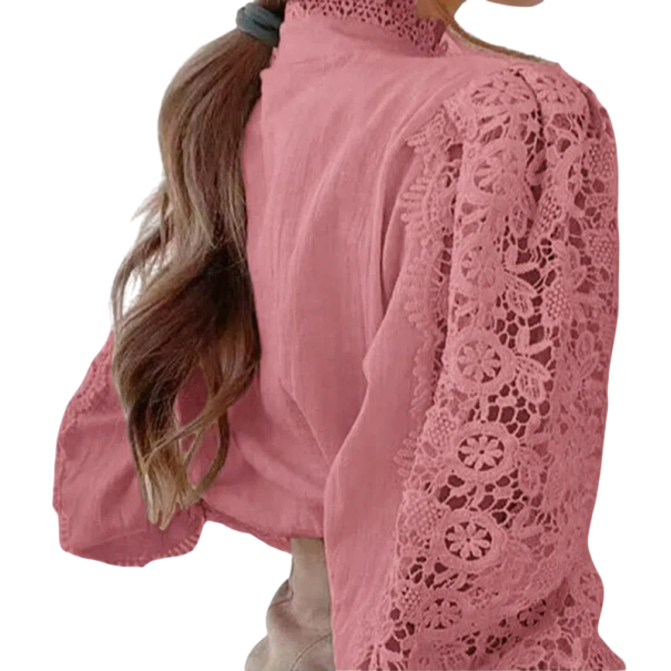 Elegante Damenbluse aus Spitze mit Rüschen und Kragen Einfarbige Bluse mit langen Ärmeln und Knopfverschluss Stylisches Top aus Baumwolle und Polyester rosa XL