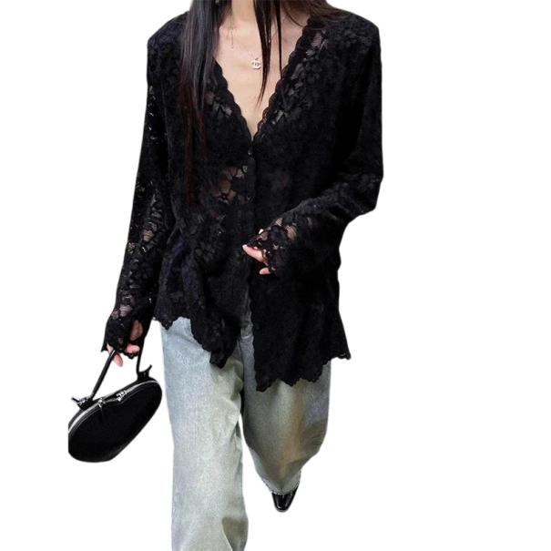 Elegante dameskanten blouse met lange mouwen Transparante blouse met V-hals en knoopsluiting Effen top van polyester zwart