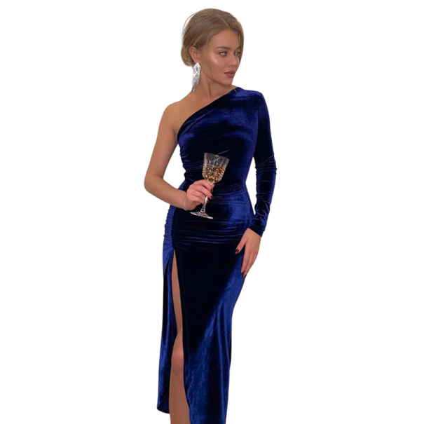 Elegante fluwelen avondjurk met asymmetrische snit. Eén lange mouw. Bodycon met split. Avondjurk. blauw M