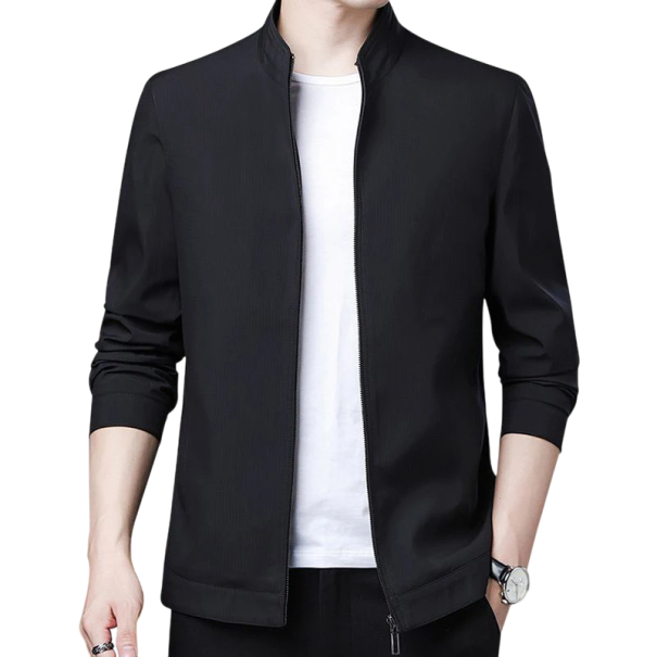 Elegante Herrenjacke mit Reißverschluss. Leichte Übergangsjacke mit langen Ärmeln. Stylische Zwangsjacke mit Stehkragen für den urbanen Alltag. schwarz XS