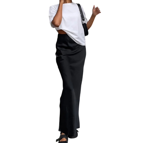 Elegante lange satijnen rok met hoge taille, glanzende enkellange rok voor vrouwen, modieuze maxi-rok voor avondfeesten zwart S