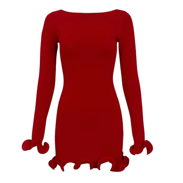 Elegante mini-jurk met lange mouwen Golvende zoom aan de mouwen en onderkant Eenvoudige snit Getailleerd model Stretchmateriaal rood S