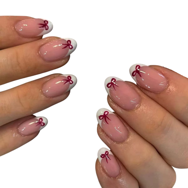 Elegante ovale Kunstnägel 24 Stück Französisches Design mit Schleifen DIY Set mit Kleber und Feile Langanhaltende Maniküre für Frauen und Mädchen 1