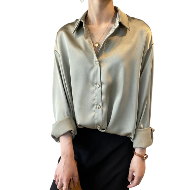 Elegante satijnen damesblouse met kraag Vrije snit met knopen Effen polyester blouse Stijlvolle top voor werk en vrije tijd groen XL