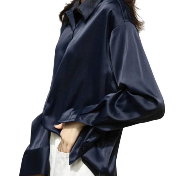 Elegante satinierte Damenbluse mit Kragen Lockerer Schnitt mit Knöpfen Einfarbige Bluse aus Polyester Stilvolles Oberteil für die Arbeit und die Freizeit dunkelblau XXL