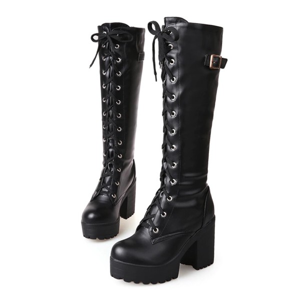 Elegante Stiefel mit Absatz und Schnürung J1296 schwarz 37