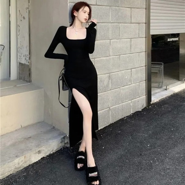 Elegantes schwarzes tailliertes Kleid mit langen Ärmeln Quadratischer Ausschnitt Hoher Schlitz Damen Abendkleid Ball oder formelle Mode