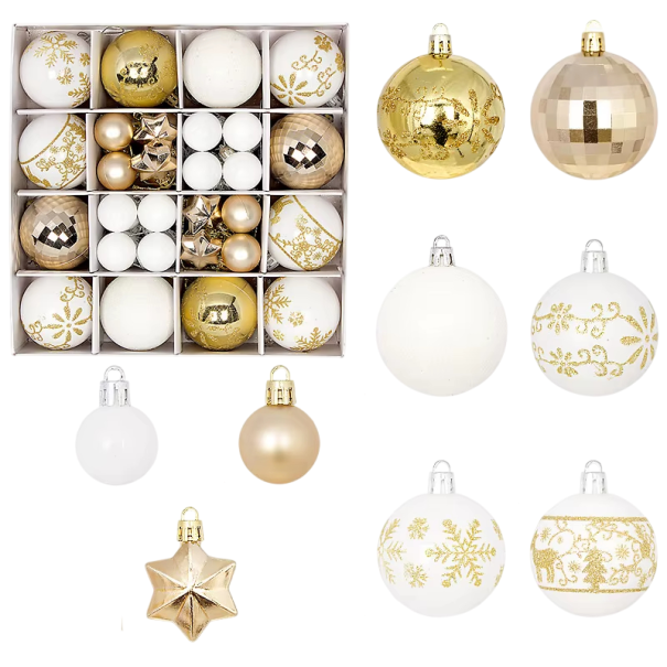 Eleganti Decorazioni Natalizie 44 pz 3 - 6 cm Set di sfere e stelle Bianco e Oro Diverse dimensioni per la decorazione festiva dell'albero 1