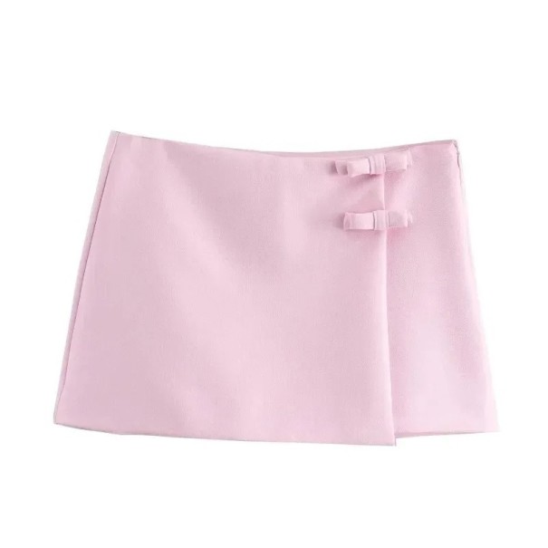Elegantná dámska mini sukňa s mašľou Upnutá krátka sukňa s dekorom Elegantná kraťasová sukňa do mesta Pracovný a večerný outfit ružová M