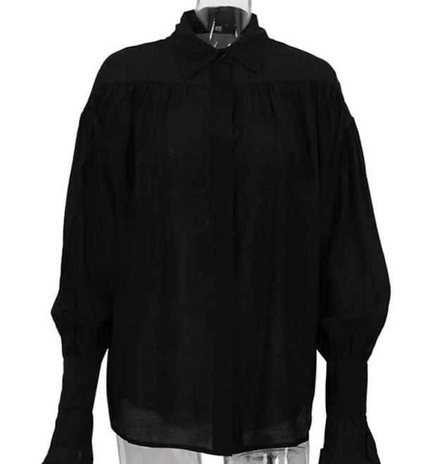 Elegantná dámska priehľadná košela s dlhým rukávom Jednobarevná halenka z polyesteru s rozšírenými rukávmi a límečkom Štýlový top na gombíky čierna L