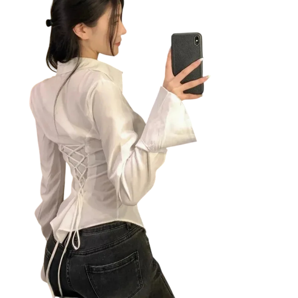 Elegantní dámská košile s límečkem Jednobarevná halenka se šněrováním na zádech Rozšířené rukávy Stylový top z lehkého polyesteru bílá XS