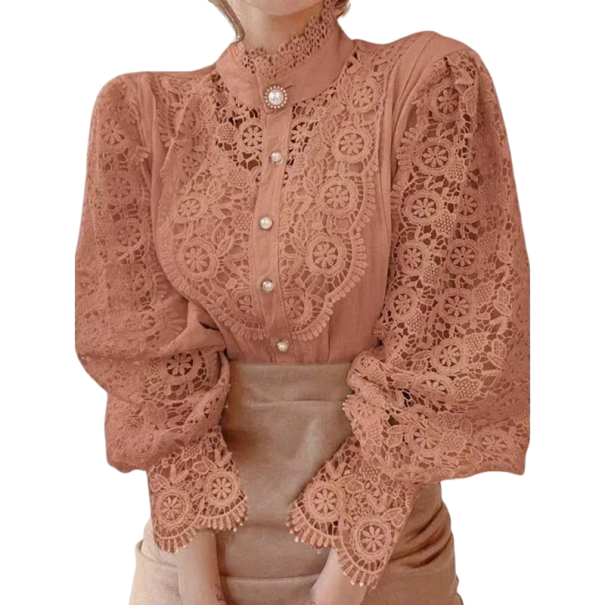 Elegantní dámská krajková košile s volánky a límečkem Jednobarevná halenka s dlouhým rukávem a zapínáním na knoflíky Stylový top z bavlny a polyesteru meruňková L