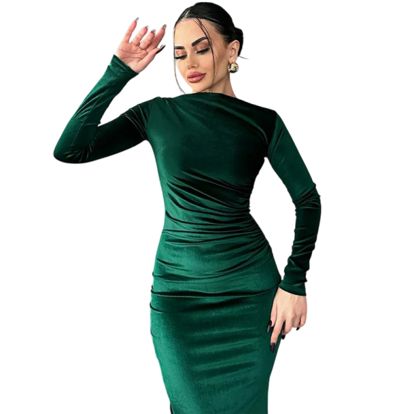 Elegantní dámské sametové šaty s dlouhým rukávem Přiléhavý střih Midi délka Stylové večerní společenské šaty s jemným řasením zelená L
