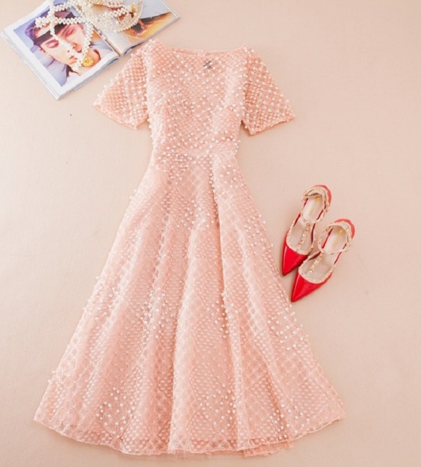 Elegantní dámské šaty s perličkami růžová L