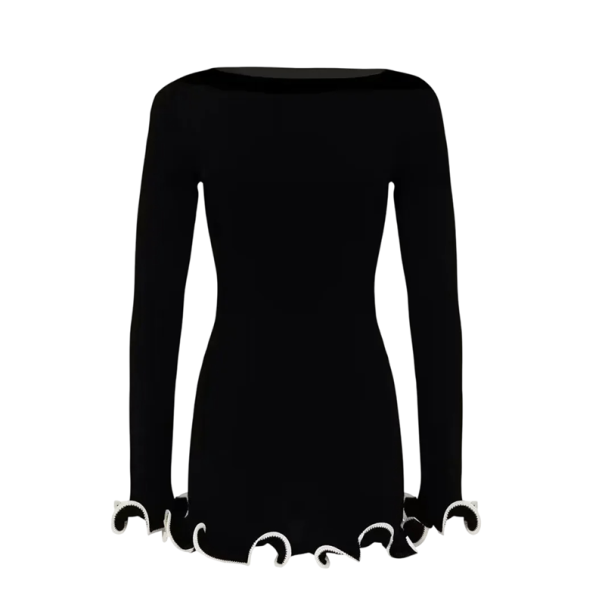 Elegantní minišaty s dlouhým rukávem Vlnitý lem na rukávech a spodním okraji Jednoduchý střih Přiléhavý styl Stretch materiál černá S