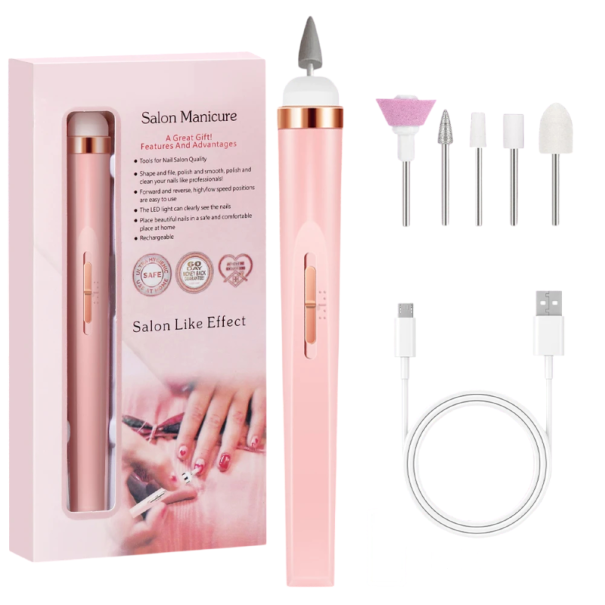 Elektrická bruska na nehty s USB nabíjením a 5 nástavci s LED světlem pro manikúru pedikúru leštění a exfoliaci nehtů doma růžová