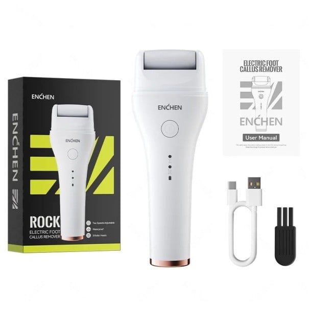 Elektrická bruska na nohy dobíjecí vodotěsná IPX6 se 2 rychlostmi s brusnou hlavicí 60 mm bílá s USB nabíjením na paty a mozoly 1