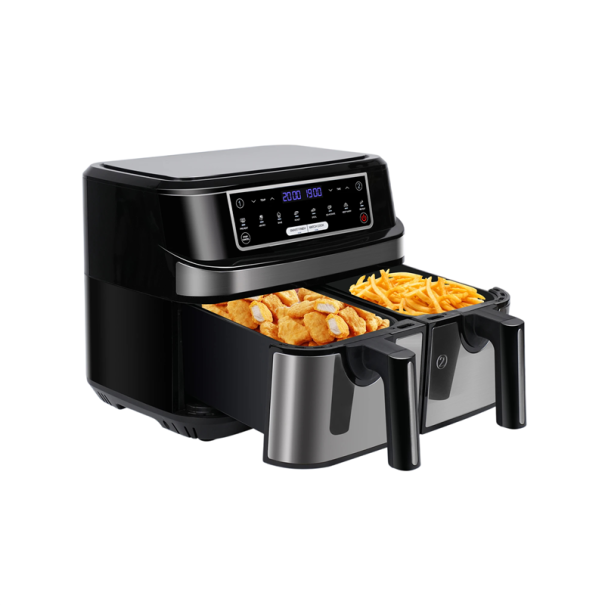 Elektrická fritéza na horký vzduch o objemu 9 l se dvěma zásuvkami po 4,5 l a dotykovou LED obrazovkou s 8 programy v černé barvě 1