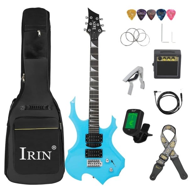 Elektrická Gitara IRIN R-180 Plamenový Tvar 6 Strún 24 Pražcov Javorové Telo Snímače H-S-H Tremolo Most 94x32,5x4,5 cm Kompletná Sada svetlo modrá