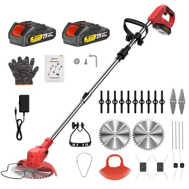 Elektrická sekačka na trávu CONENTOOL skládací 2 baterie 21 V nastavitelná délka 30 cm 135 x 15 cm 15000 ot/min vyžínač na trávu i plevel červená
