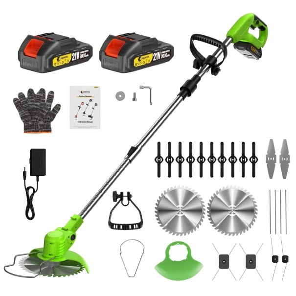 Elektrická sekačka na trávu CONENTOOL skládací 2 baterie 21 V nastavitelná délka 30 cm 135 x 15 cm 15000 ot/min vyžínač na trávu i plevel zelená