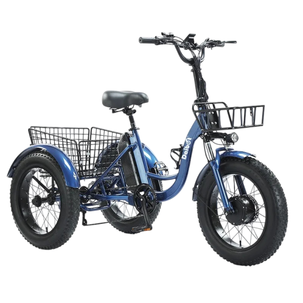 Elektrická tříkolka pro dospělé Motor 500 W Rychlost 25 km/h Dojezd 35-40 km Baterie 13 Ah Široké pneumatiky Rozměry 185 x 120 cm Na nákupy modrá