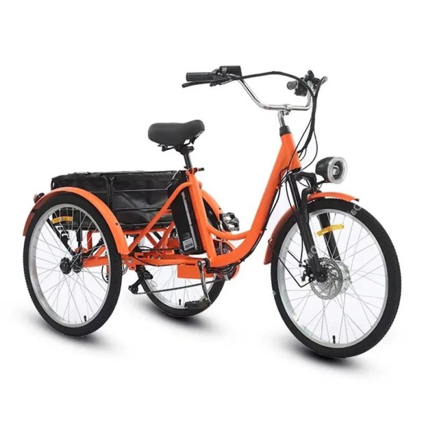 Elektrická tříkolka s nákladním košem Motor 250 W Rychlost 20 km/h Dojezd 35 km Baterie 13 Ah Kola 24 palců 7 rychlostí Rozměry 175 x 110 cm oranžová