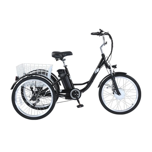 Elektrická tříkolka s nákladním košem Motor 250 W Rychlost 35 km/h Odnímatelná baterie 36 V 15 Ah Rozměry 178 x 69 x 119 cm Černá Do města 1