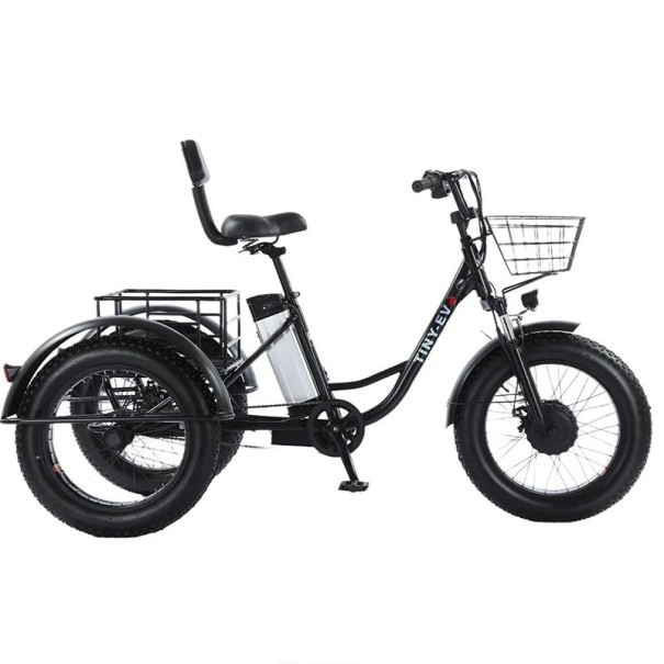 Elektrická tříkolka s opěradlem a nákladním košem Motor 500 W Rychlost 20 km/h Dojezd 35 km Baterie 48 V 12 Ah Široké pneumatiky Černá 1