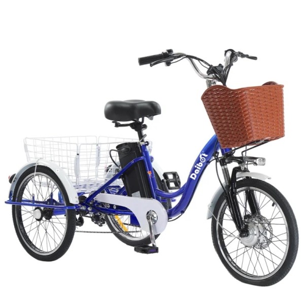 Elektrická tříkolka se dvěma koši Motor 350 W Rychlost 25 km/h Dojezd 40 km Baterie 48 V 12 Ah Kola 20 palců Rozměry 163 x 110 cm Do města modrá