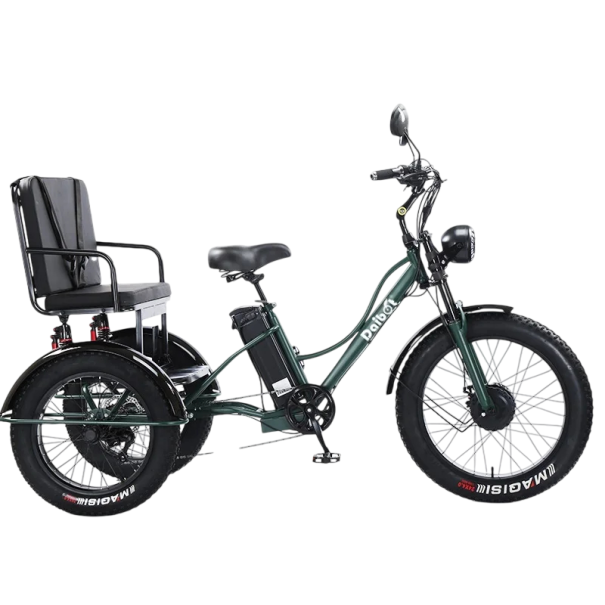 Elektrická tříkolka se sedačkou Motor 750 W Rychlost 25 km/h Dojezd 35-40 km Baterie 48 V 18 Ah Kola 24 palců Rozměry 203 x 125 cm Do města zelená