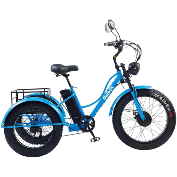Elektrická tříkolka se širokými pneumatikami Motor 750 W Rychlost 25 km/h Dojezd 35-40 km Baterie 48 V 18 Ah Kotoučová brzda Nákladní koš modrá