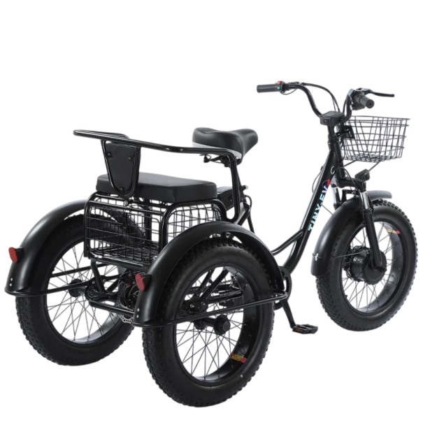 Elektrická tříkolka se zadním sedátkem a nákladním košem Motor 500 W Rychlost 20 km/h Dojezd 35 km Baterie 48 V 12 Ah Černá Do města 1