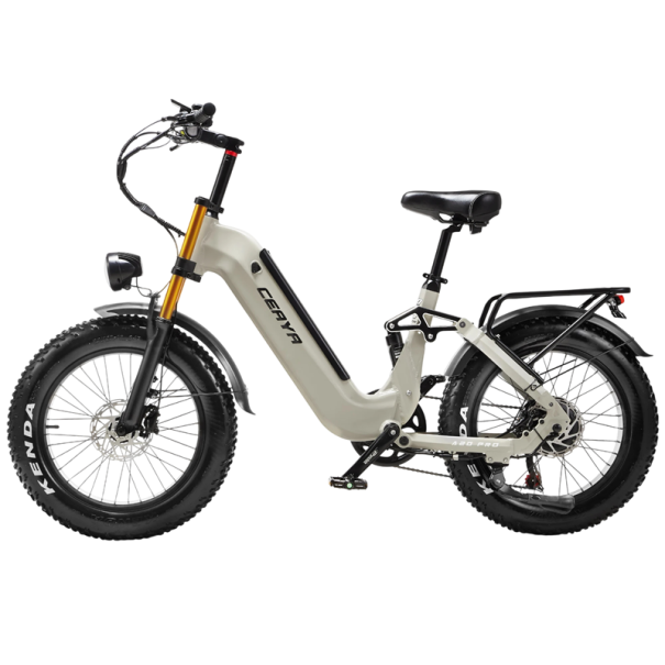 Elektrické kolo Motor 1000 W Rychlost 45 km/h Baterie 48 V 20 Ah Pneumatiky 20 palců Odpružení Kotoučové brzdy Béžové Rozměry 173 x 109 cm 1