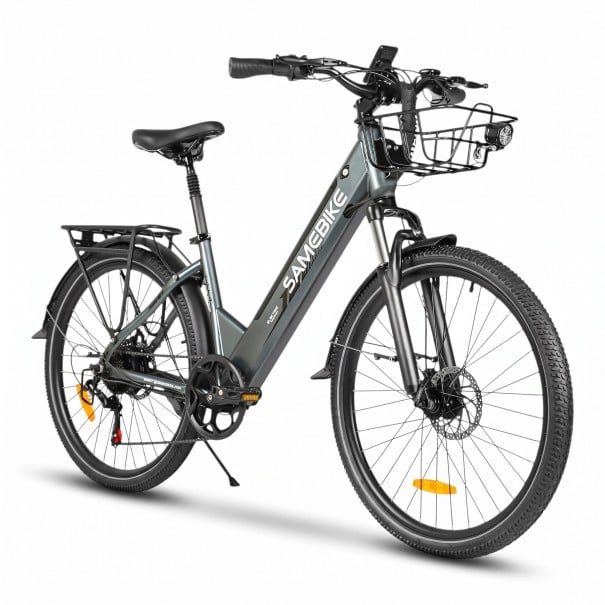 Elektrické kolo pre dospelých Samebike RS-A01 Pro Motor 250 W Batéria 36 V 15 Ah Shimano 7 rýchlostí Predný košík a nosič Do mesta aj na výlety sivá