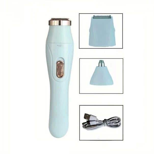 Elektrický holicí strojek 3 v 1 nabíjecí USB 13,5 x 3,2 cm výměnné hlavice pro tělo obličej nos a uši tyrkysová