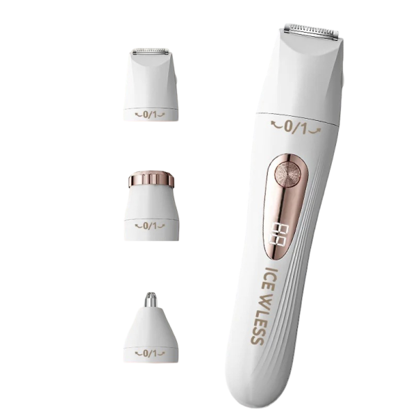 Elektrický holicí strojek 3v1 nabíjecí USB 13x3 cm s LCD displejem výměnné hlavice pro tělo obličej nos a uši bílá