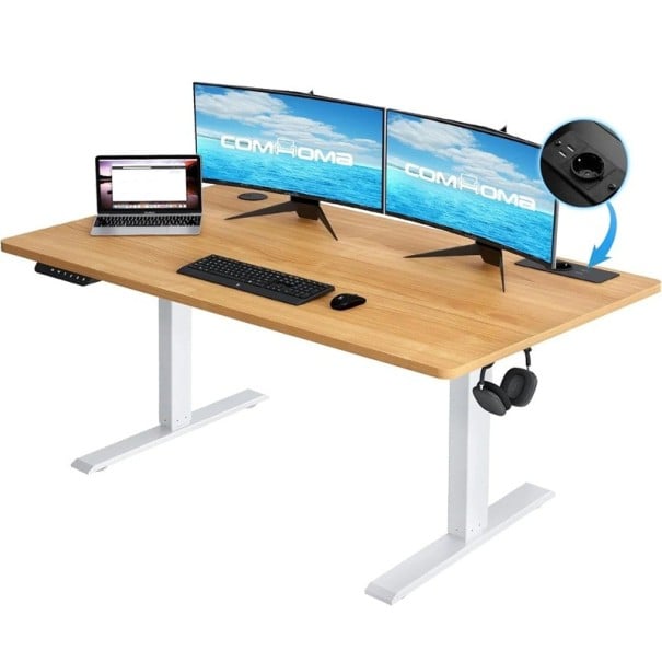 Elektrický polohovací písací stôl s USB portom a hákom doska 140 x 70 cm výška 72 až 114 cm drevotrieska 15 mm do kancelárie aj domácnosti hnedá