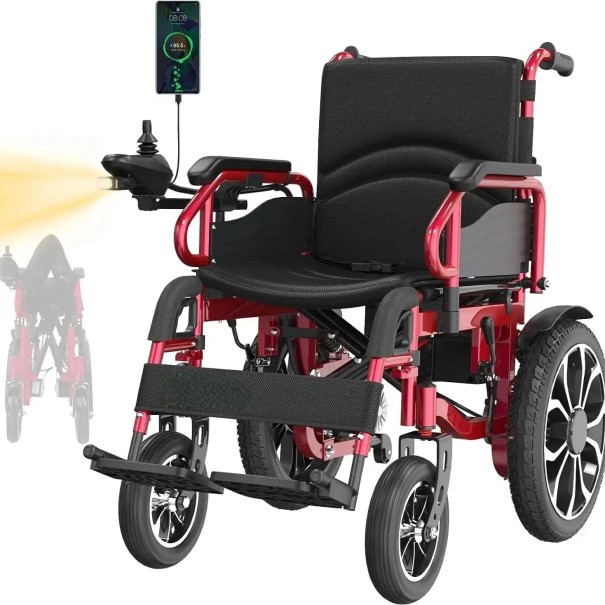 Elektrický skládací invalidný vozík Dojazd 30 km Nosnosť 150 kg Batéria 24 V Karbónová oceľ 40 cm kolesá Joystick a elektrická brzda do terénu červená