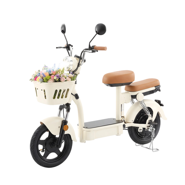 Elektrický skútr Y16 se sedlem a košíkem Motor 1200 W Rychlost 45 km/h Dojezd 100 km Baterie 48 V 20 Ah Pneumatiky 14 palců Krémový Do města 1