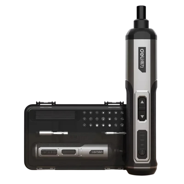 Elektrický šroubovák Deli 3 stupně 4V 2000 mAh akumulátorový 80 W černo šedý sada nářadí pro domácí opravy a údržbu 1