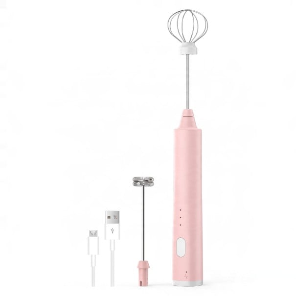 Elektrikus tejhabosító és habverő Rózsaszín 3 sebesség USB töltés 2 cserélhető fejet Habverő és spirál Kávéhoz tojáshez és krémekhez 1