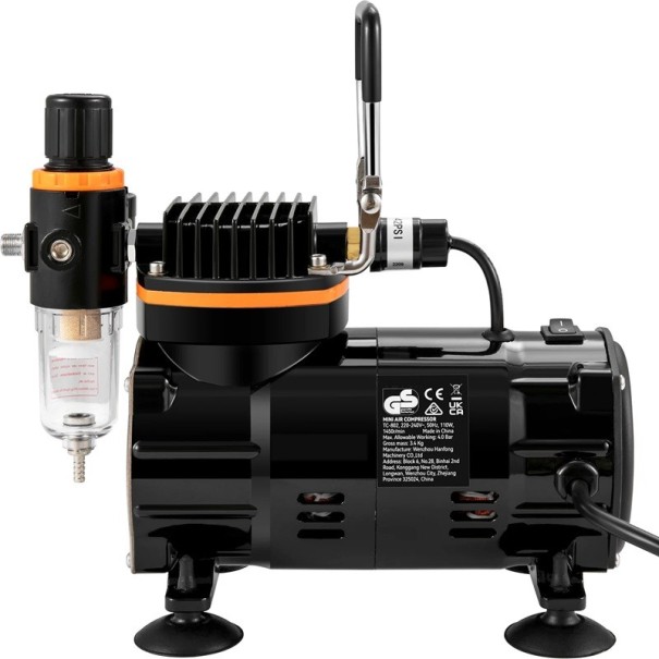 Elektrische Airbrush-Spritzpistole Set mit Kompressor, 120 W, 32x37x17 cm, schwarz-orange, zum Malen von Modellen, Nägeln und Tattoos