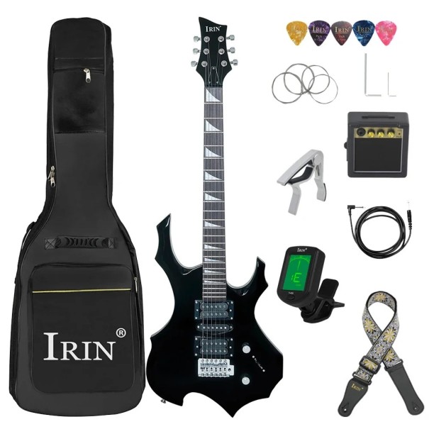 Elektrische Gitarre IRIN R-180 Flammenform 6 Saiten 24 Bünde Ahornkörper H-S-H Tonabnehmer Tremolo Brücke 94x32,5x4,5 cm Komplettset schwarz